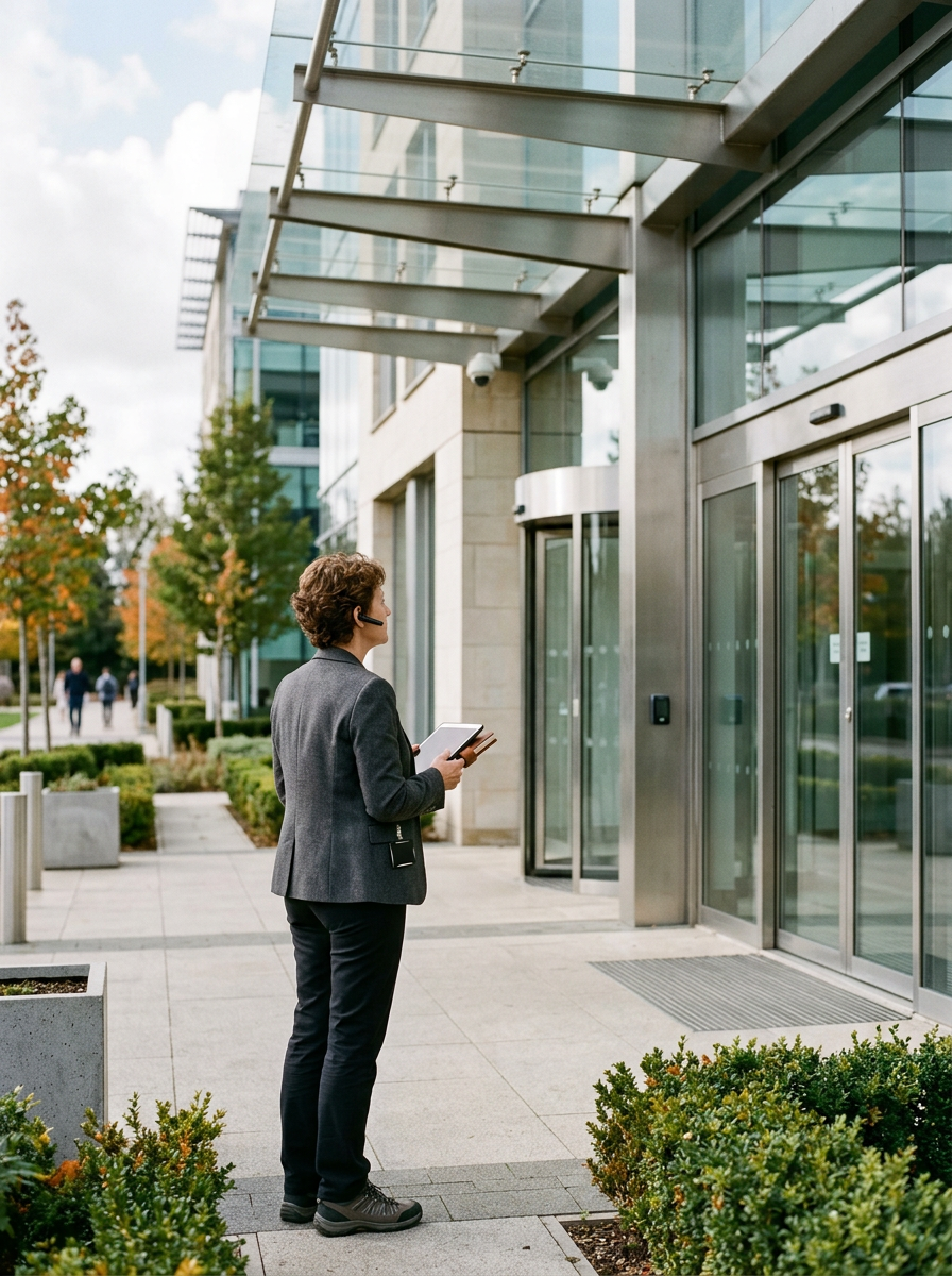 Professional with tablet and headset approaching a modern office entrance